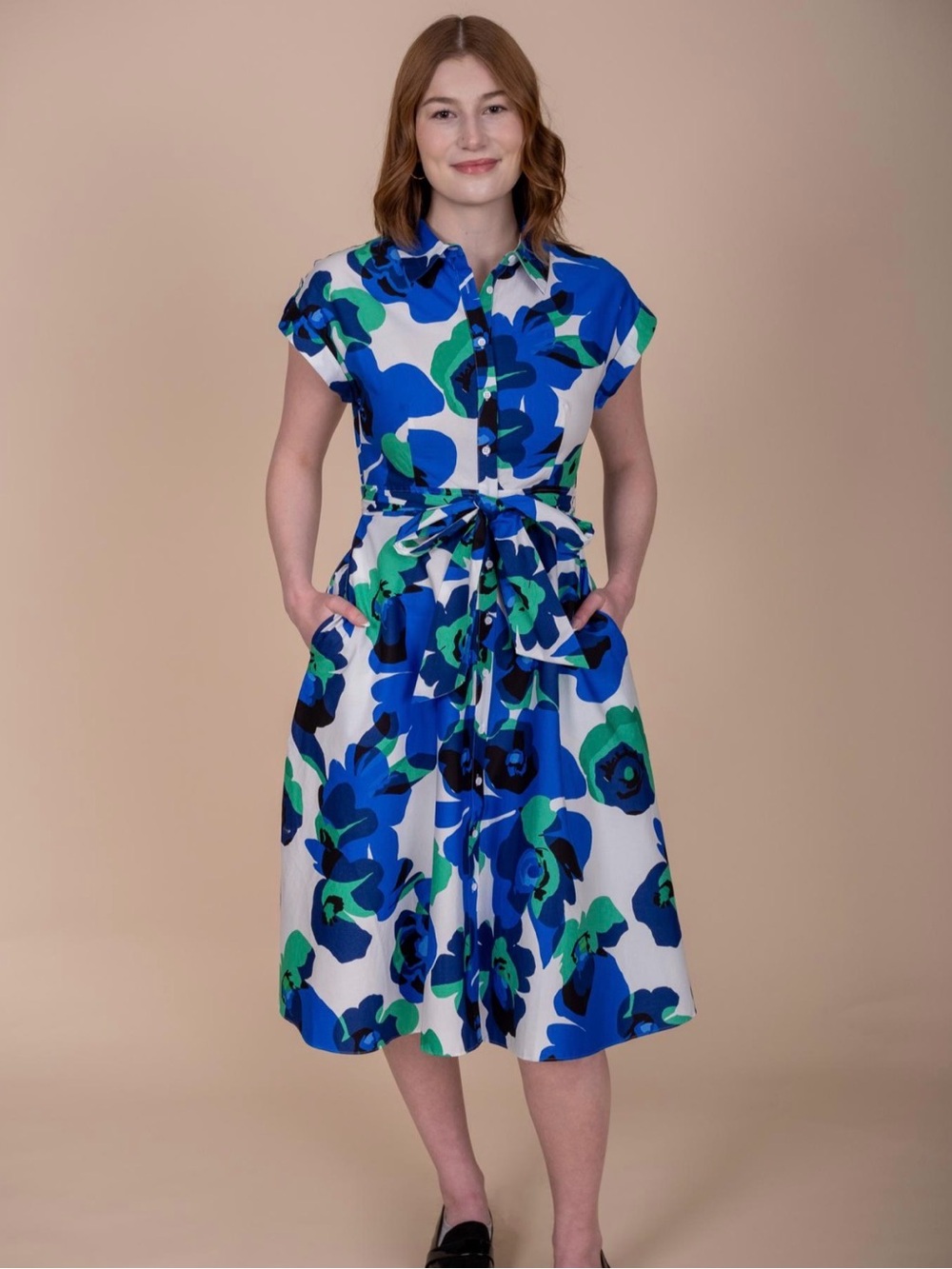 Eliza J Blue Green Floral A-line Shirtwaist Dress Flutter Sleeve Midi Pockets 2
